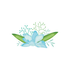green branches and blue flower icon, detailed style