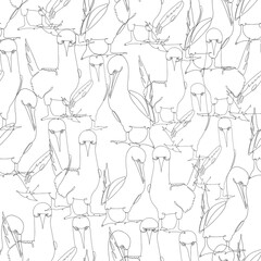 Nahtloses Muster mit Blaufußtölpel. Eine Linie Design-Silhouette des Vogels. Handgezeichneter Minimalismus-Stil, schwarze Linien auf weißem Hintergrund. Umriss-Vektor-Illustration.