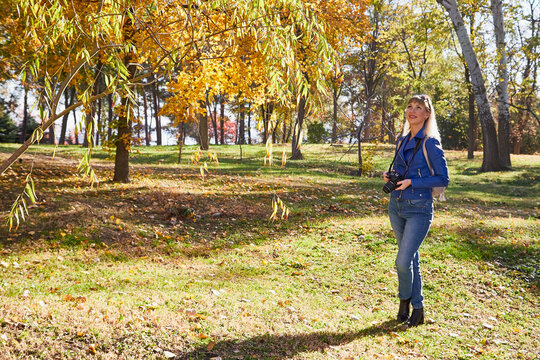 Attractive beautiful young girl holding modern mirror camera in autumn park. Traveller walking in place with yellow leaves on tree at background
