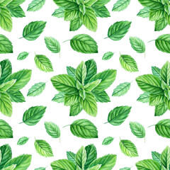 Seamless patterns, mint leaves and branches, watercolor painting, on isolated background
