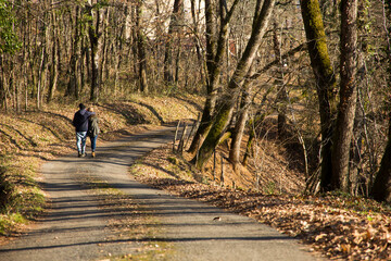 Obraz premium A couple giving each other a walking hug in the middle of an abandoned, rural street, in the middle of a forest. The trees have no more leaves. A concept of love and friendship on a sunny winter day.