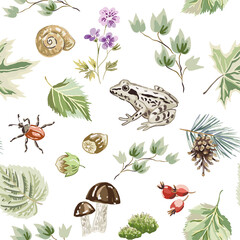 Frog, bug, green ivy, maple, birch leaves, hazel nuts, mushroom, berry, flower, white background. Forest nature design. Seamless pattern. Vector illustration. Woodland plants. Summer season print