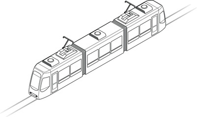 Line drawing of a tram or light rail public transport vehicle. Three-car. Line art. - obrazy, fototapety, plakaty