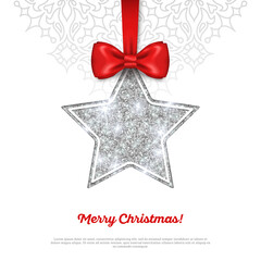 Greeting Card with Shining Silver Star Bauble and Red Silk Ribbon. Vector illustration. Happy New Year, Merry Christmas, Seasons Greetings.