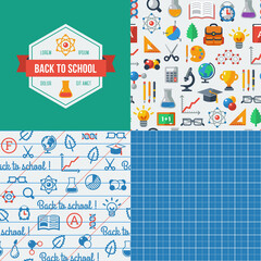 Back to School Label. Vector illustration. Paper Graph Grid seamless pattern. School supplies. Education background.