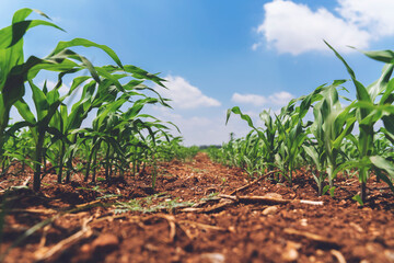 Young corn plants, light green in the sun, in rows of different directions, on red soil