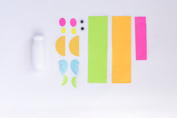 colorful art supplies for craft, top view, preparation for make craft for kids, set of materials