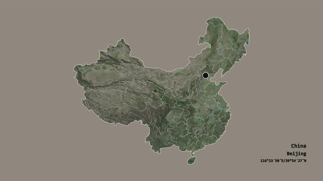 Sichuan, province of China, with its capital, localized, outlined and zoomed with informative overlays on a satellite map in the Stereographic projection. Animation 3D