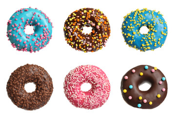 Set with delicious glazed donuts on white background
