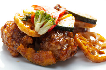 鶏肉と根菜の黒酢和え