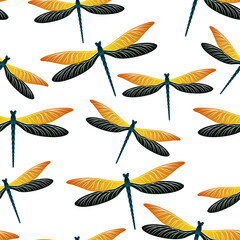 Dragonfly flat seamless pattern. Repeating clothes fabric print with darning-needle insects. Garden 