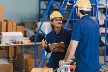 industrial worker in factory, worker man working in warehouse stock checking. suppervisor team control and management