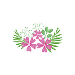 Fototapeta na wymiar decorative pink flowers and green leaves, detailed style