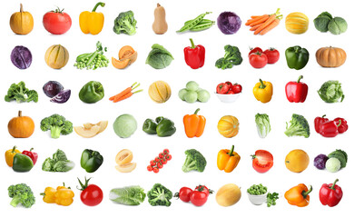 Set of fresh ripe vegetables on white background
