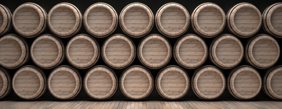 Wine barrels stack on wooden floor, black background. 3d illustration