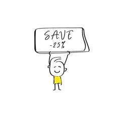 vector of man holding placard of SAVE -25%