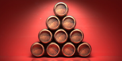 Wine barrels xmas tree shape stack on festive red background. 3d illustration