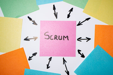 multi-colored paper around red on which is written a scrum