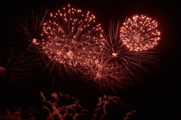 Holiday Fireworks with bright flashes and sparks of different colors in the night sky
