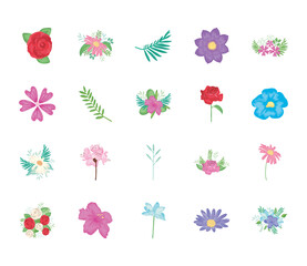 Fototapeta na wymiar hibiscus flower and decorative flowers icon set, detailed style