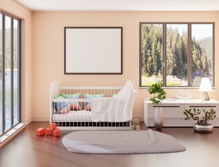 Interior of the children's room with panoramic windows, crib, and toys on the floor. Sunshine and a home plant on the floor. 3D rendering. 3D illustration.