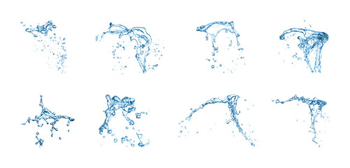 Set with clear water splashes on white background. Banner design