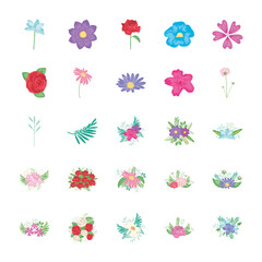decorative and beautiful flowers icon set, detailed style