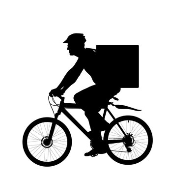 Online delivery service, man riding bicycle vector silhouette isolated on white background. Courier with food backpack go to customer. Fast food urban transportation in warm bag on back. Bike driver.
