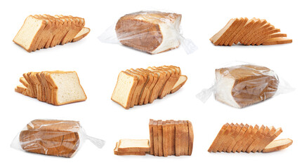 Collection of sliced bread on white background. Banner design