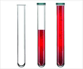 A set of laboratory glass tubes with blood contents.
Here are empty tube, half-empty tube, and a full tube with red liquid. Vector illustration.