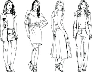 beautiful slim girl in casual clothes, drawn in ink by hand on a white background