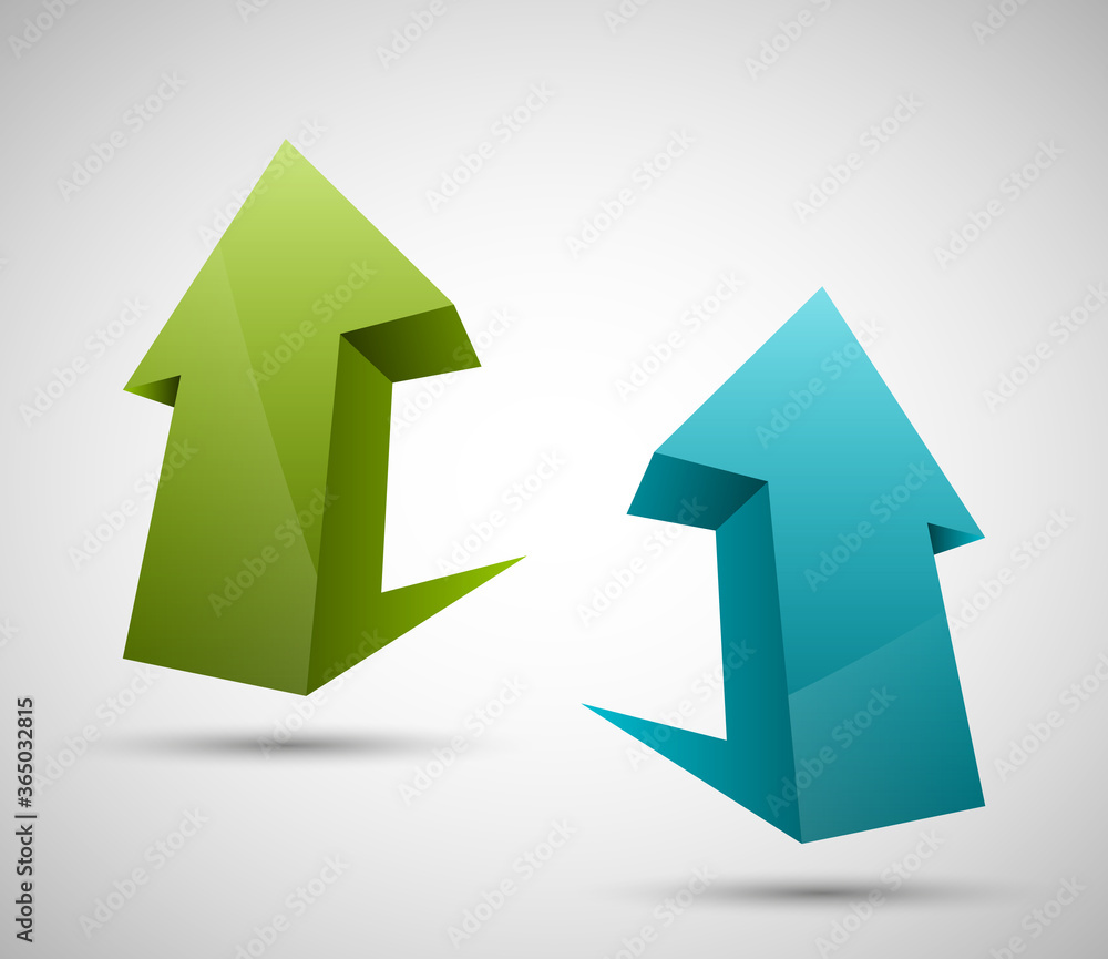 Poster Arrow banners set. Direct shape. 3d Abstract Background. Business infographic presentation diagram. Section compare service. Up and down trend. Paper index. Exact pointer
