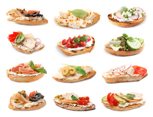 Set of toasted bread with different toppings on white background