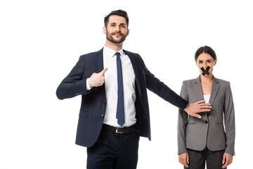 arrogant businessman pointing with finger at himself and touching woman with scotch tape on mouth...