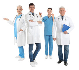 Collage with photos of doctors on white background