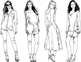 beautiful slim girl in casual clothes, drawn in ink by hand on a white background