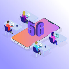 Isometric vector illustration of office work space with high speed 5g connection