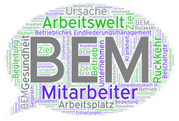 BEM - Word cloud zu Betriebliches Eingliederungsmanagement für Mitarbeiter in Unternehmen - obrazy, fototapety, plakaty