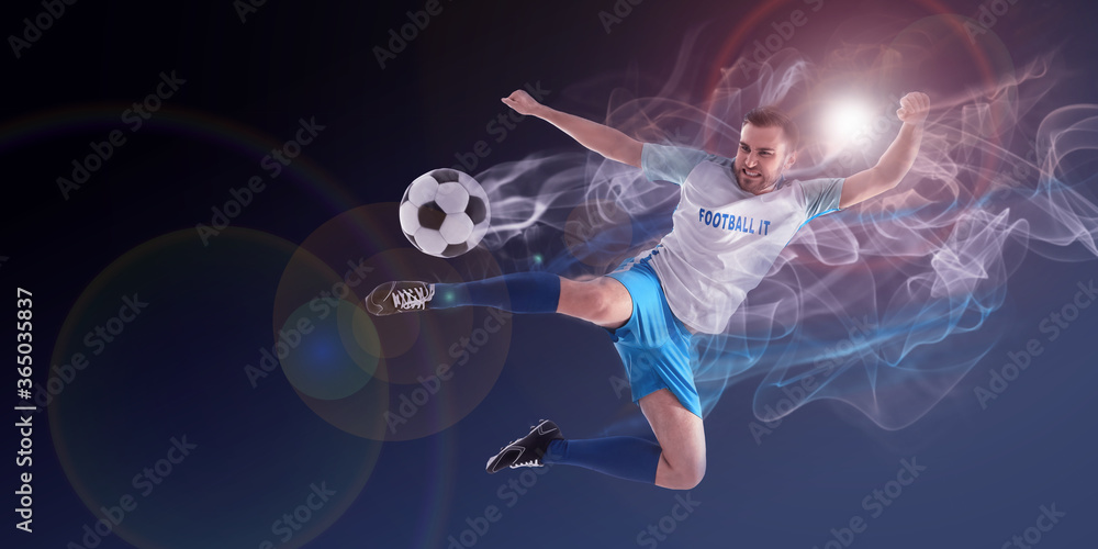 Wall mural Shot of football player in action. Creative banner design