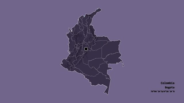 Boyac&aacute;, department of Colombia, with its capital, localized, outlined and zoomed with informative overlays on a administrative map in the Stereographic projection. Animation 3D