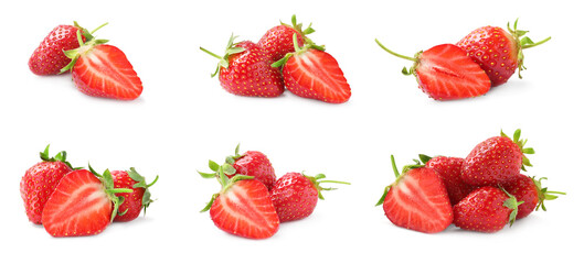 Set of delicious ripe strawberries on white background, banner design