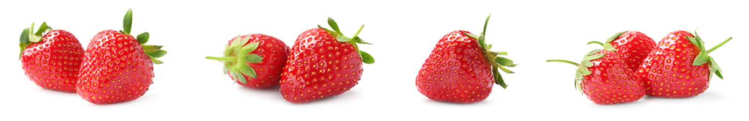 Set of delicious ripe strawberries on white background. Banner design