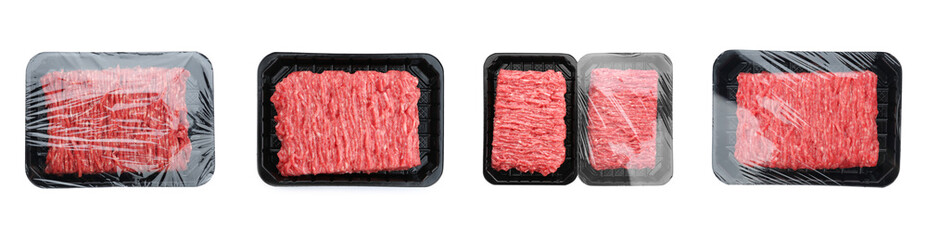 Set of plastic containers with raw minced meat on white background, top view. Banner design
