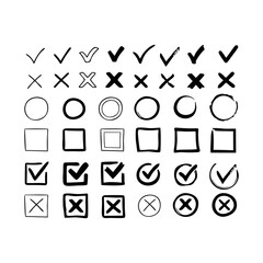 Set hand drawn check mark, tick and cross brush signs, checkmark OK and X icons, symbols YES and NO button, checkbox chalk icons, sketch checkmarks, checklist marks
