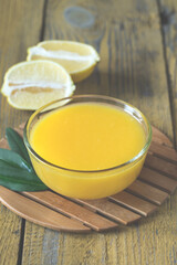 Glass bowl of lemon curd