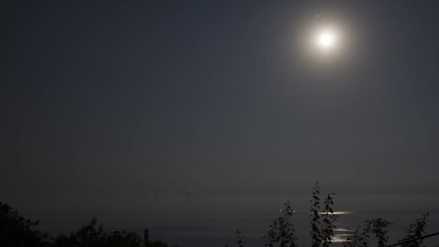 Timelapse. Moon and Jupiter rise and reflect in the night sky. HD