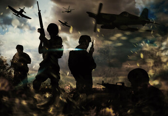 Silhouettes of soldiers and planes in combat zone. Military service