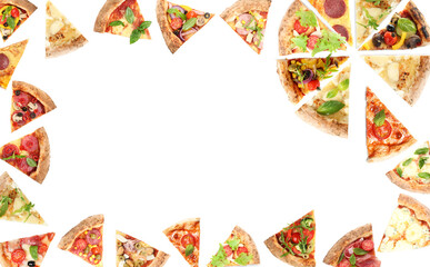 Frame with slices of different pizzas on white background, top view