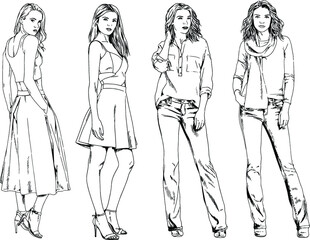 beautiful slim girl in casual clothes, drawn in ink by hand on a white background