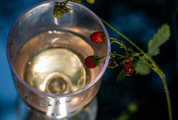 a glass with white wine and a sprig of strawberries in it